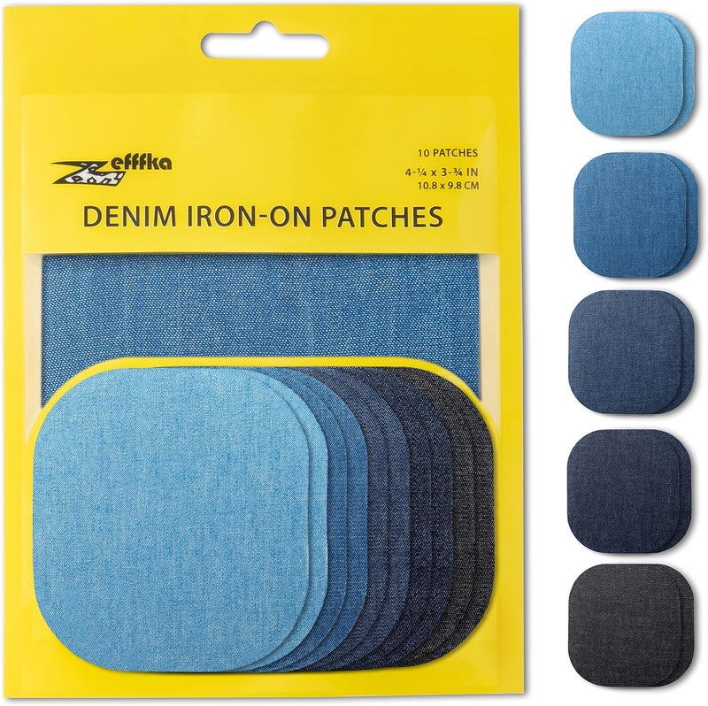 ZEFFFKA Denim Iron-on Jean Patches Inside & Outside Strongest Glue 100% Cotton Assorted Shades of Blue Black Repair Decorating Kit 10 Pieces Size 4-1/4" by 3-3/4" (9.8 cm x 10.8 cm) - Image 1